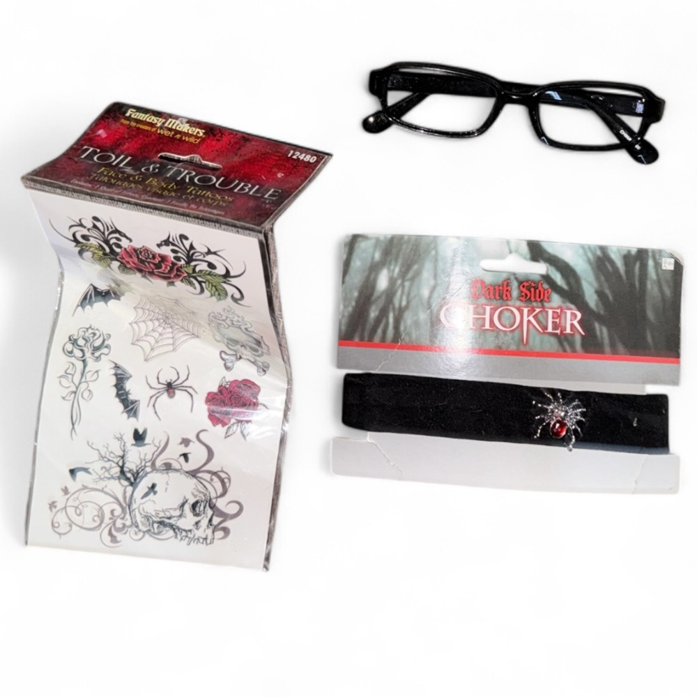 NWT’s Gothic Accessory Set – Dark Side Choker, Tattoo Sheet & Nerd Glasses Trio